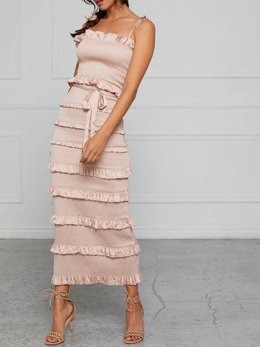 NWOT V. Chapman The Lily Tiered Ruffle Midi Dress - Rose Dust Blush Pink Size 4